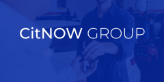 citnow group logo with photo as background, photo has blue overlay. Photo is of exchange of keys between a workshop technician and customer, set in a workshop environment.